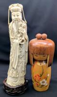 Signed Vintage 7" Wood Japanese KOKESHI Doll "Nikko, The Reyes, 1978" & 9.75" Tall Resin Chinese Scholar With Child Statue On Wooden Base
