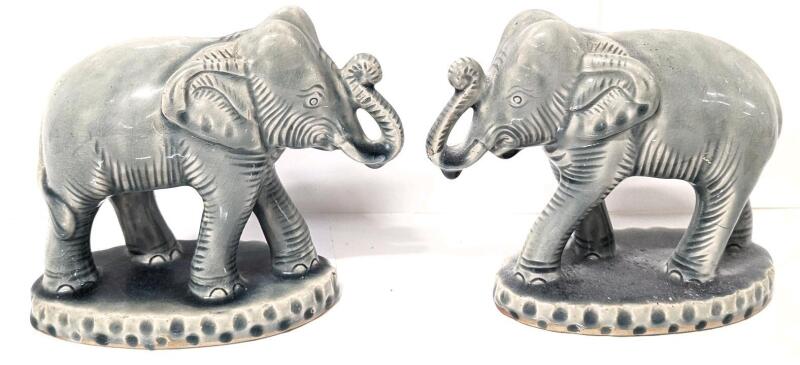 Pair of Heavy Vintage Thai Ceramic Elephants (Possibly Used As Bookends), 6.25" Tall, No Chips or Cracks, Crazing Present Throughout, Writing On Bottoms