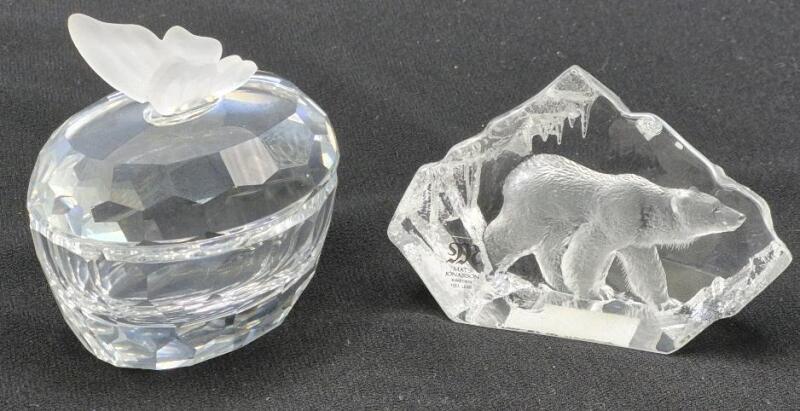 Swarovski Crystal Butterfly Trinket Box 2.5 x 2 x 2.5" & Mats Jonasson Swedish Bear Crystal Paperweight 3" Long