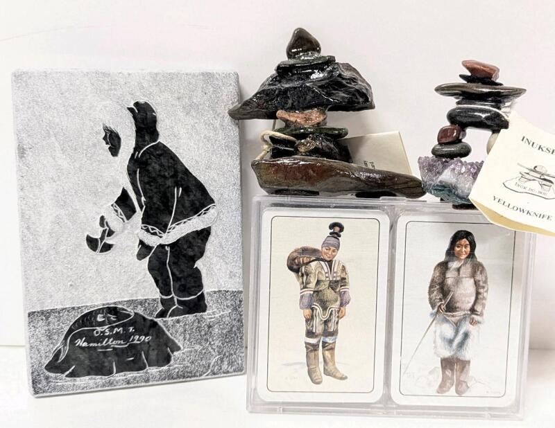 Vintage Decorated Genuine Soap Stone "Images of the North" Slab by Siku, Thule Greenland Playing Cards & 2 Small Inukshuk (One Atop Amethyst Geode), Up to 6" Tall