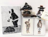 Vintage Decorated Genuine Soap Stone "Images of the North" Slab by Siku, Thule Greenland Playing Cards & 2 Small Inukshuk (One Atop Amethyst Geode), Up to 6" Tall