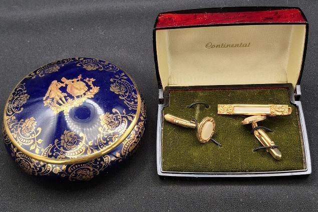 Limoges Trinket Box & Gentleman's Cuff Links & Tie Clip