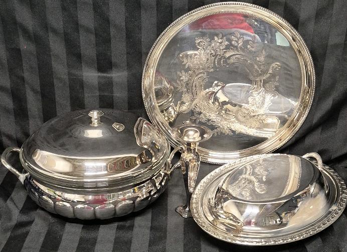 Vintage Silverplate Lot - Platter, Bud Vase, & 2 Covered Dishes