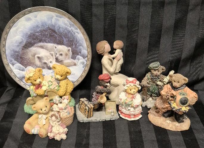 Collectible Home Decor Lot - Willow Tree Figure, Polar Bear Plate & Teddy Bear Figures
