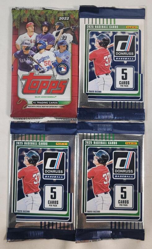 2022 Topps MLB Baseball Trading Card Sealed Wax Pack (1) & 2025 Panini Donruss MLB Baseball Trading Card Sealed Wax Packs (3) .