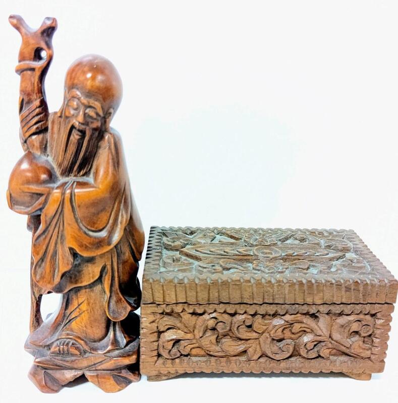 Vintage Carved Possible Rosewood Chinese "Man of Longevity" 8.5" Statue & Carved Wood Trinket Box 6" &times; 3.5" &times; 3" Tall, Chip on Back of Man