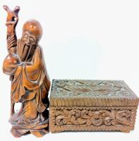 Vintage Carved Possible Rosewood Chinese "Man of Longevity" 8.5" Statue & Carved Wood Trinket Box 6" &times; 3.5" &times; 3" Tall, Chip on Back of Man