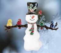 Happy Snowman with 5 Birds Brooch 2 x 2.25&rsquo;&rsquo; Enameled Hat with Holly Leaf & Berries Red & Green Enamel Tie- Arms are Tree Branches with Perched Birds