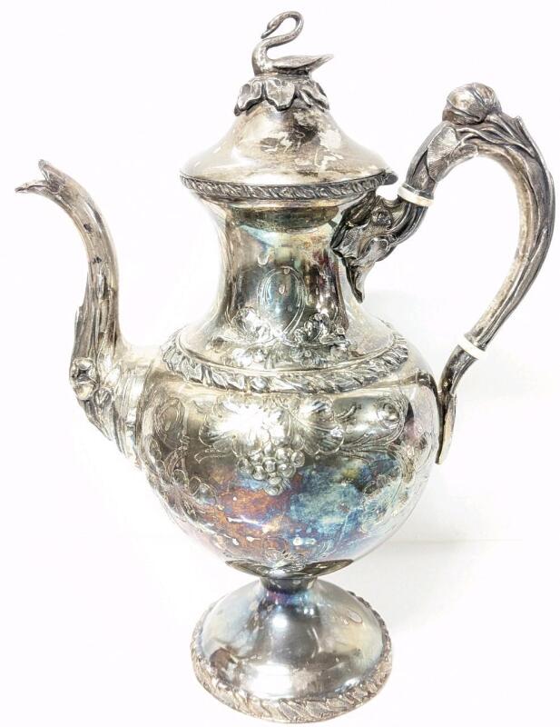 Antique Rogers, Smith & Co USA Swan Finial Intricately Designed & Detailed Silver Plated Tea Pot No. 1856 6, 12" Tall