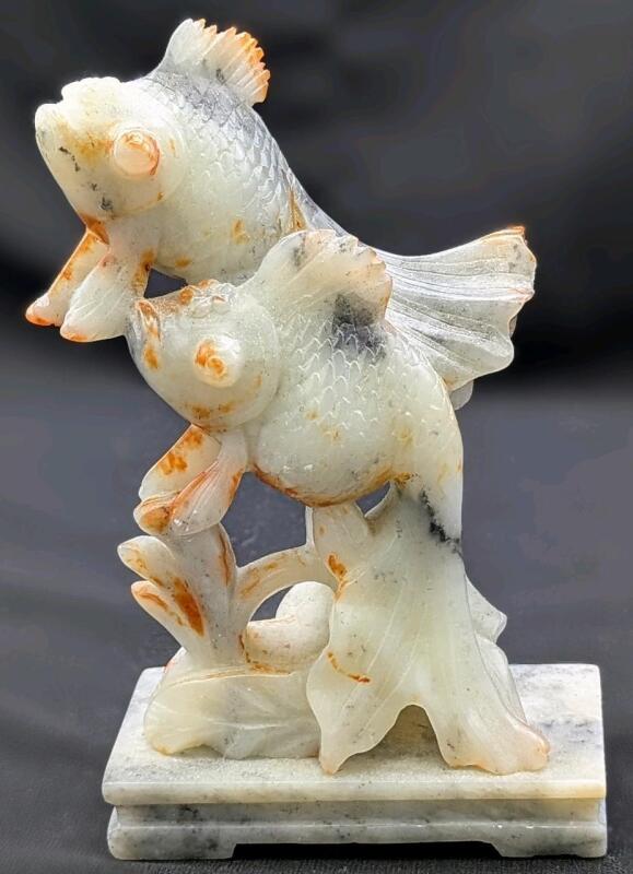 Vintage Carved & Dyed Soapstone Goldfish Duo, 6" Tall