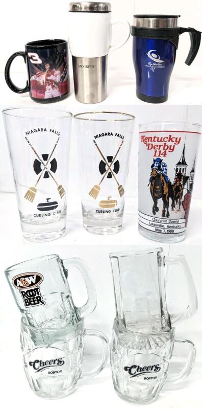 Mr. Coffee & Tim Hortons Travel Mugs, Elvis NASCAR Coffee Mug, 3 Beer Glasses, 4 Beer/Root Beer Mugs