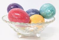 6 Vintage Dyed Alabaster Stone Eggs in Footed Crystal Candy Dish 6.3" Diameter &times; 1.5" Tall, No Chips or Cracks