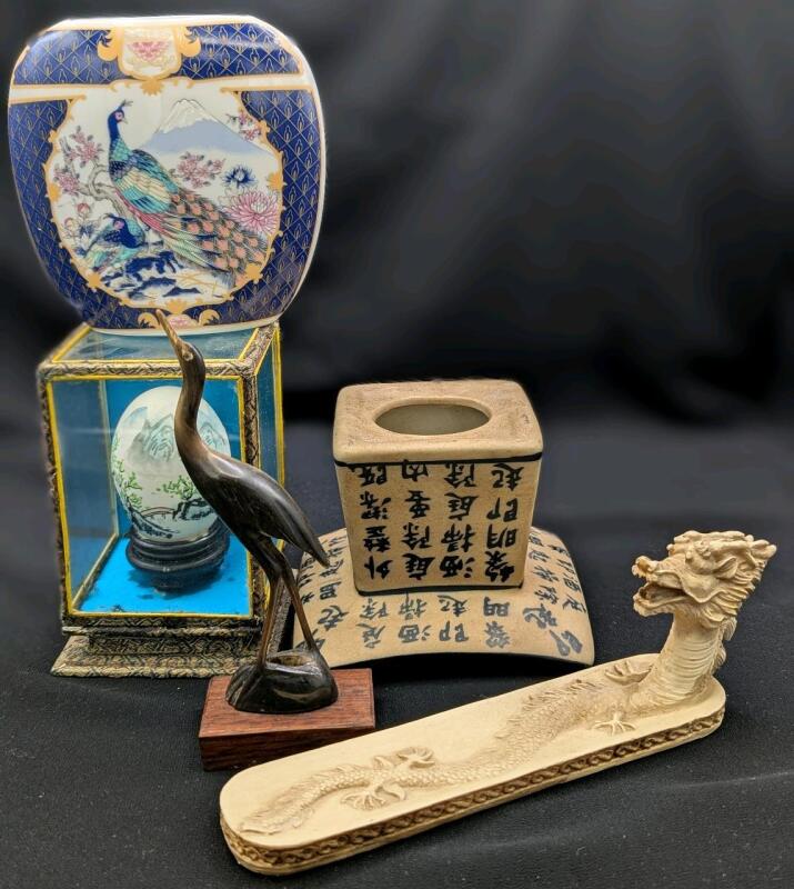 5 Vintage Chinese, Japanese & Indian Treasures: Japanese Fine China Bud Vase, Chinese Handpainted Real Chicken Egg in Glass Case, Candle Holder, Resin Asiatic Dragon Incense Holder & 5.75" Tall Buffalo Horn Heron Figure Made in India
