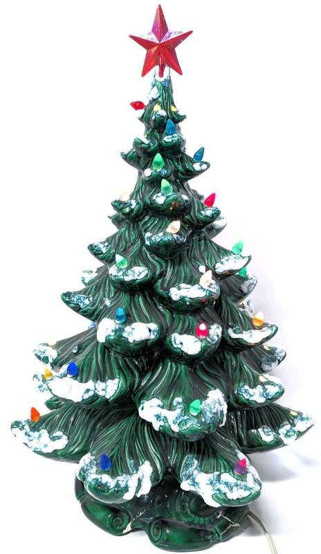 Large Vintage Atlantic Molds Ceramic Christmas Tree (Working + Bulb), Repaired Damaged Base, Damage to Top of Tree, 20.75" Tall