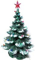 Large Vintage Atlantic Molds Ceramic Christmas Tree (Working + Bulb), Repaired Damaged Base, Damage to Top of Tree, 20.75" Tall
