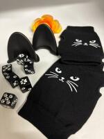 Adorable Cat Ear Shaped Car Mirror Decoration / 6 Black and White Paw Print Dice / Fingeeless Cute Black Cat Gloves stock photo of car mirror decoration