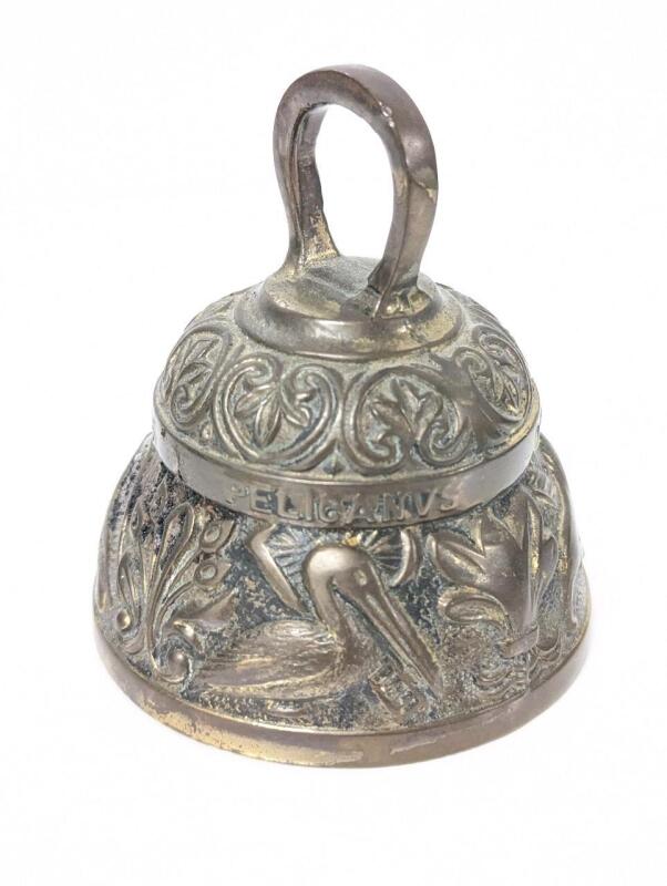 Heavy Vintage Hand Held Hand Bell, Highly Decorated With Latin Animals With Loud + Clear Clapper, 2.75" Tall, Animals: Leo (Lion), Aquila (Eagle), Agnus (Lamb), Pelicanus (Pelican)