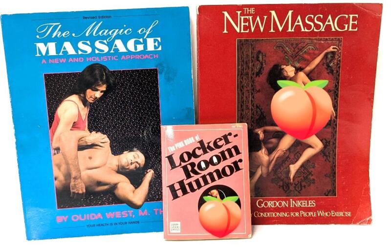 [ADULTS ONLY] 3 Vintage Paperback Adult Books: The Magic of Massage (Revised Edition) by Ouida West, The New Massage by Gordon Inkeles + The Pink Book of Locker-Room Humor