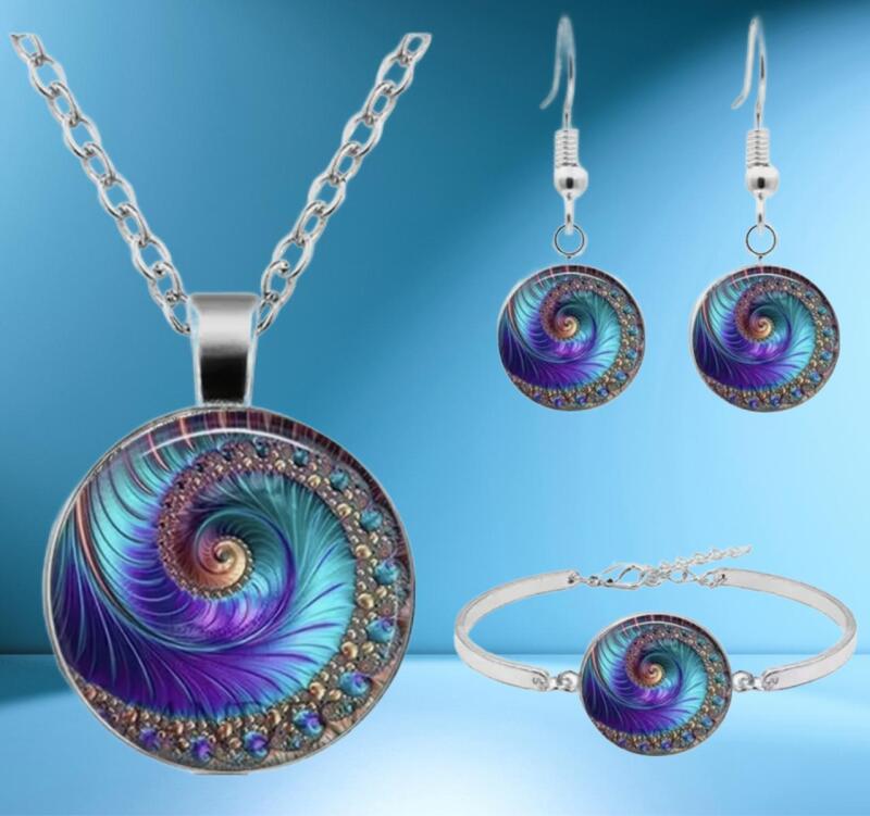 Unique Fibonacci Spiral Sacred Geometry Jewelry set - add a touch of magic to your look! Necklace, Bracelet, drop Earrings -see description for sizes