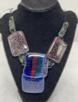 Multi Colour Fused Dichroic Art Glass Statement Necklace 18&rsquo;&rsquo; able to go longer 4 Glass Squares 1.75 - 2&rsquo;&rsquo; Artisan