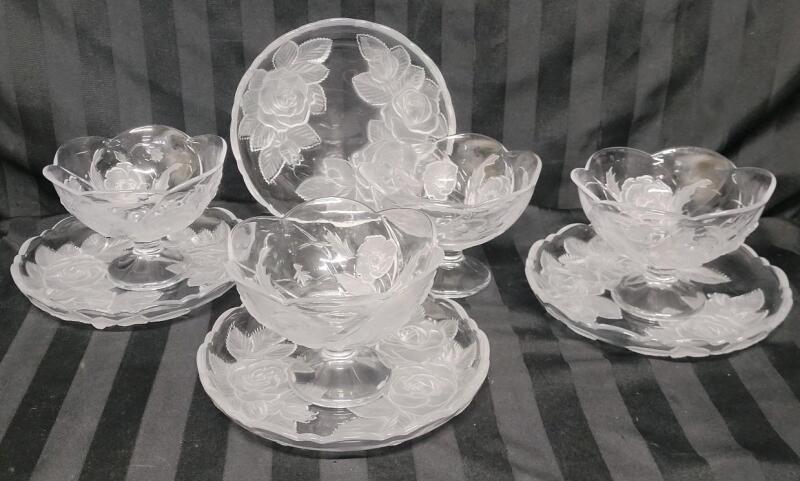 Set of 4 Crystal Rose Etched Frosted Dessert Plates & Dessert Bowls