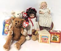 2 Vintage English Dolls: Rosebud & Pedigree Red Riding Hood With Broken Arms, 2&times; TY Attic Treasures Bears, Rice Krispies Prize Electric Toothbrush, Muppets Mini Playbill Book + 4" Japanese Mouse Maze / Ball Toy