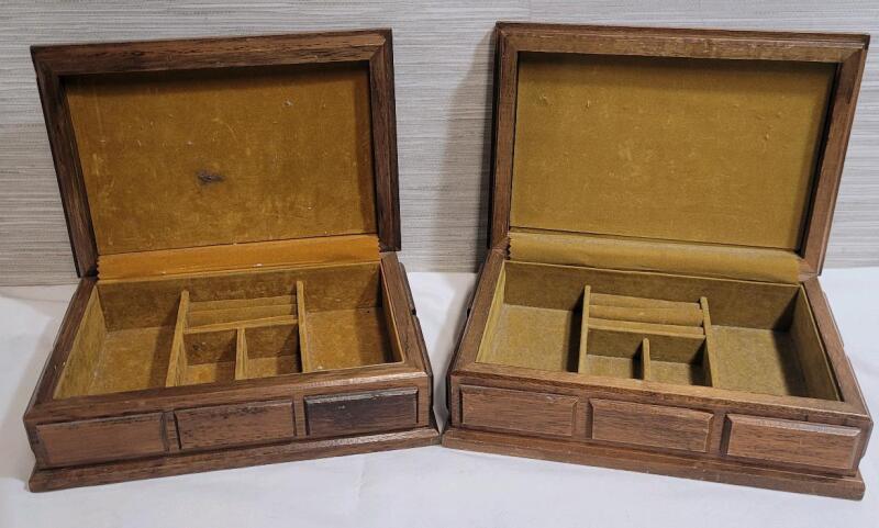 Two (2) Vintage Wooden Jewelry Boxes . Each measures 10"&times;3 &frac14;"&times;7" . Would benefit from cleaning before use