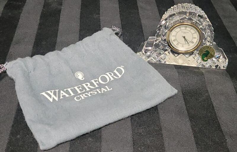 Waterford Crystal Lead Crystal Quartz Small Mantel Clock w/Cloth Bag . Untested , Requires SR626SW Battery. Measures 3 &frac34;"&times;2.5"&times;1 &frac14;"