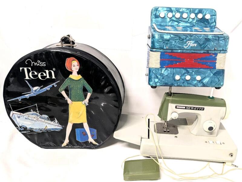 Vintage MISS TEEN Doll Travel Case 9.5" (Broke Zip Pull), ZIG-ZAG Sew-Ette (With Foot Pedal, No Power Cable), Fiore Kid's Toy Accordion (Plays Notes, Missing Straps)
