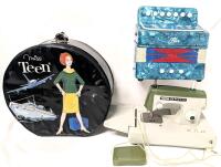 Vintage MISS TEEN Doll Travel Case 9.5" (Broke Zip Pull), ZIG-ZAG Sew-Ette (With Foot Pedal, No Power Cable), Fiore Kid's Toy Accordion (Plays Notes, Missing Straps)