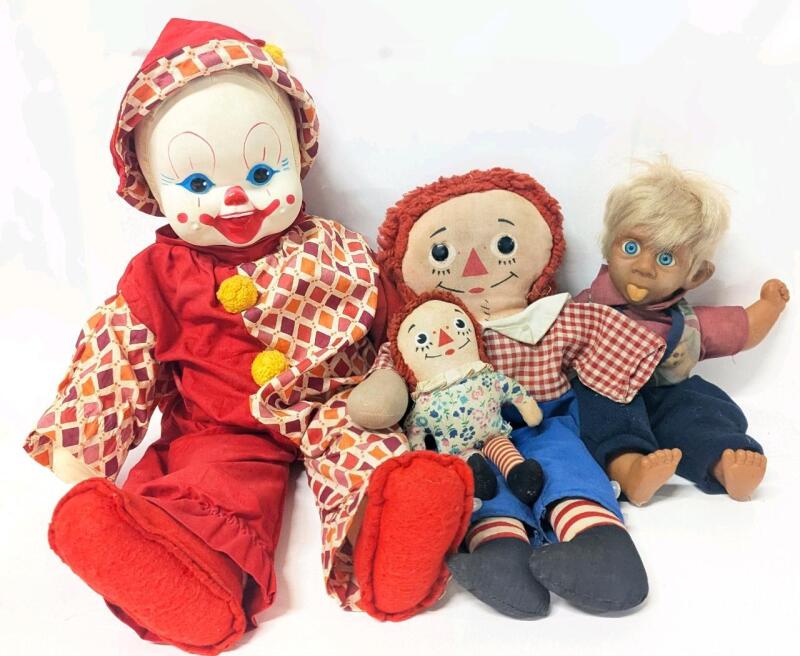 4 Vintage Dolls: 11.5" Danton Doll, 18" Laughing Baby Clown Doll (Broken Sound Box), 15" Raggedy Andy (Missing 1 Arm), 6.75" Raggedy Anne