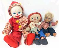4 Vintage Dolls: 11.5" Danton Doll, 18" Laughing Baby Clown Doll (Broken Sound Box), 15" Raggedy Andy (Missing 1 Arm), 6.75" Raggedy Anne
