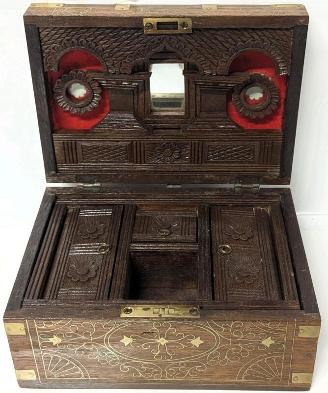 Gorgeous Vintage (Possibly Antique) Super Heavy Wood Mandalay Box With Inlaid Brass, 10" &times; 7.05" &times; 5" Tall, Does Not Include Key