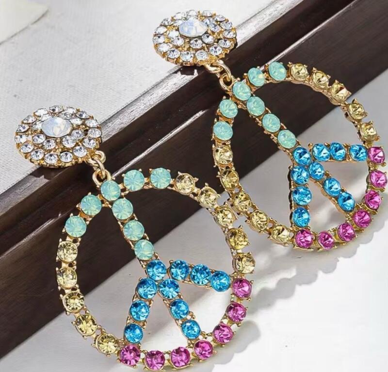 Elegant Rhinestone Hoop Earrings - Dazzling French-Style Peace Sign Design Colorful Gemstones and Hypoallergenic Properties for Sensitive Ears Retro 2.25&rsquo;&rsquo; drop pierced Pist Back Stock photos added
