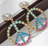 Elegant Rhinestone Hoop Earrings - Dazzling French-Style Peace Sign Design Colorful Gemstones and Hypoallergenic Properties for Sensitive Ears Retro 2.25&rsquo;&rsquo; drop pierced Pist Back Stock photos added