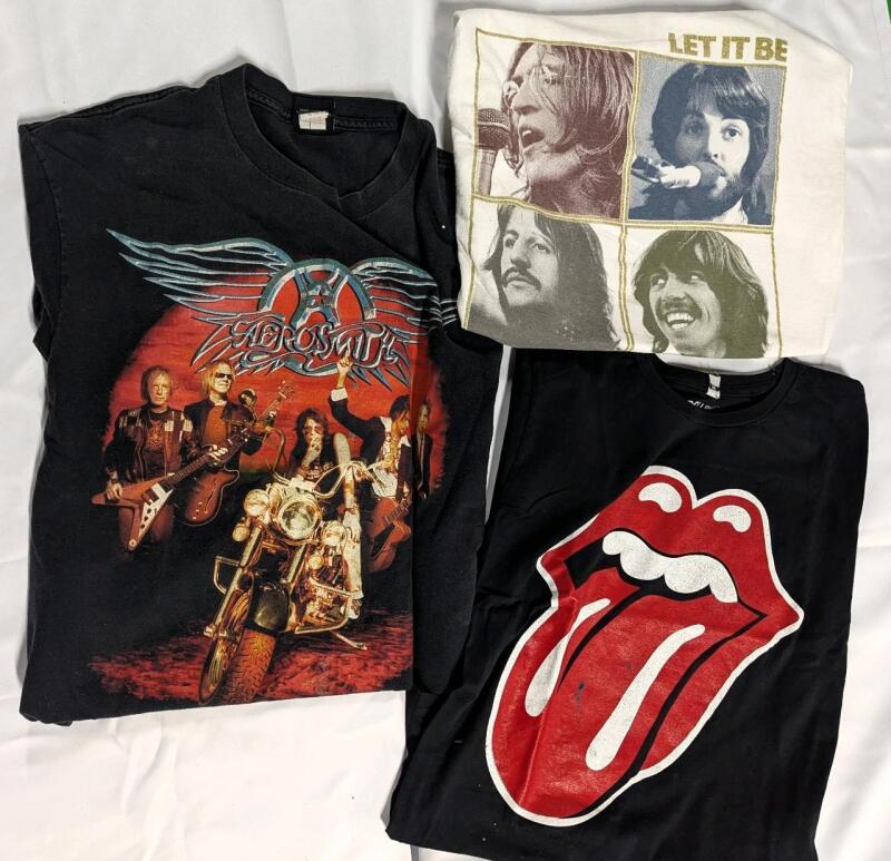 3 Size Med/Large Unisex Band / Tour Tees : Size Med ROLLING STONES (Front & Back Print), Size Lg Aerosmith (Front & Back), Size Lg THE BEATLES
