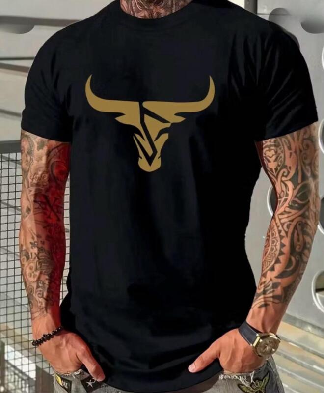 New Men's Large Heavyweight Bull Head Graphic T-Shirt - Black & Golden Bull Print Short Sleeve Round Neck Casual Comfortable Regular Fit, Machine Washable, Bold Statement Tee Streetwear Polyester Stock photos added