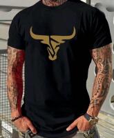 New Men's Large Heavyweight Bull Head Graphic T-Shirt - Black & Golden Bull Print Short Sleeve Round Neck Casual Comfortable Regular Fit, Machine Washable, Bold Statement Tee Streetwear Polyester Stock photos added