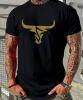 New Men's Large Heavyweight Bull Head Graphic T-Shirt - Black & Golden Bull Print Short Sleeve Round Neck Casual Comfortable Regular Fit, Machine Washable, Bold Statement Tee Streetwear Polyester Stock photos added