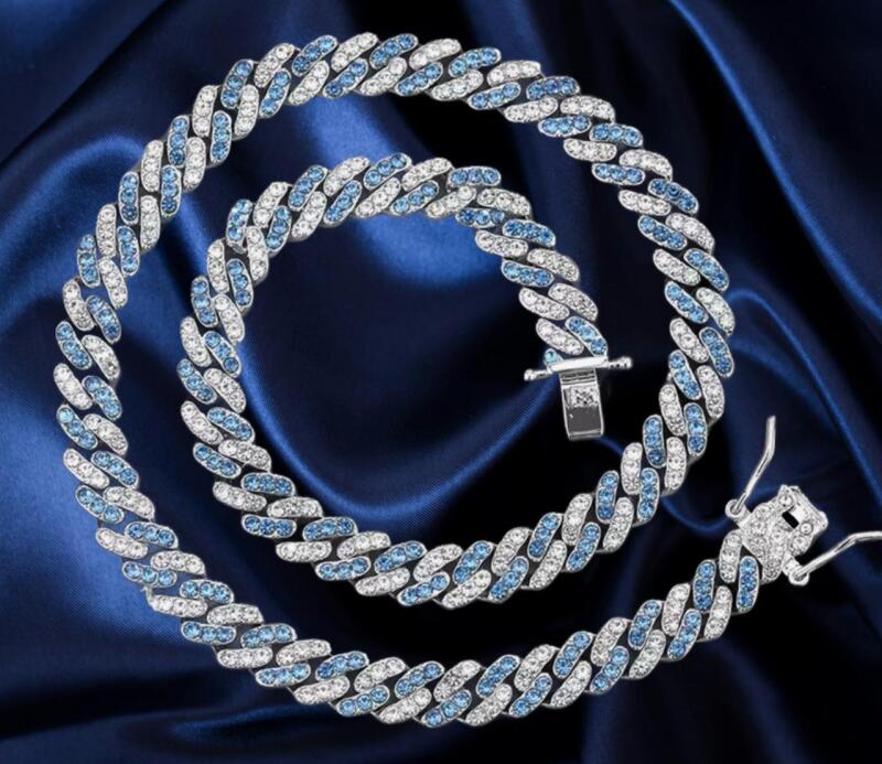 Cuban Iced Blue ( Teal ) & Clear Cuban Link Necklace Box Clasp 18&rsquo;&rsquo;