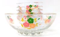 Vintage MCM Set of 5 Floral Design Bowls, 4.6" - 8.75" Diameter, No Chips or Cracks, Some Wear to Gilt Rims