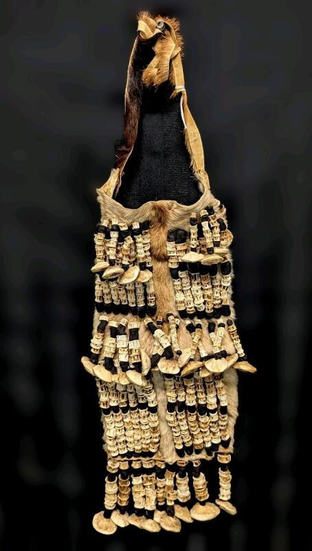 RARE! Ceremonial Turkana-Style Fur & Hide Loincloth With Fish Vertebrae & Bone Beaded Danglers / Bells (?), 15.5" Long, Excluding Waist Straps