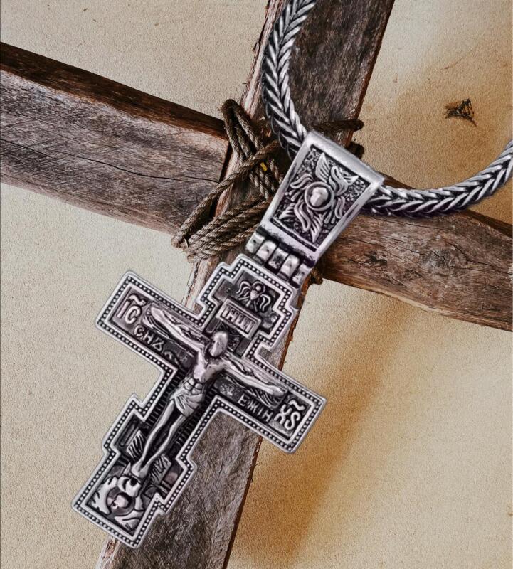 Statement Stainless Steel Cruzifix Pendant Necklace Sturdy Interlocking Link Chain 22&rsquo;&rsquo; S Hook Clasp Cross 2.25&rsquo;&rsquo; with Bale High Relief Front Etched Back stock photos added