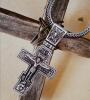 Statement Stainless Steel Cruzifix Pendant Necklace Sturdy Interlocking Link Chain 22&rsquo;&rsquo; S Hook Clasp Cross 2.25&rsquo;&rsquo; with Bale High Relief Front Etched Back stock photos added