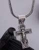 Statement Stainless Steel Cruzifix Pendant Necklace Sturdy Interlocking Link Chain 22&rsquo;&rsquo; S Hook Clasp Cross 2.25&rsquo;&rsquo; with Bale High Relief Front Etched Back stock photos added - 2