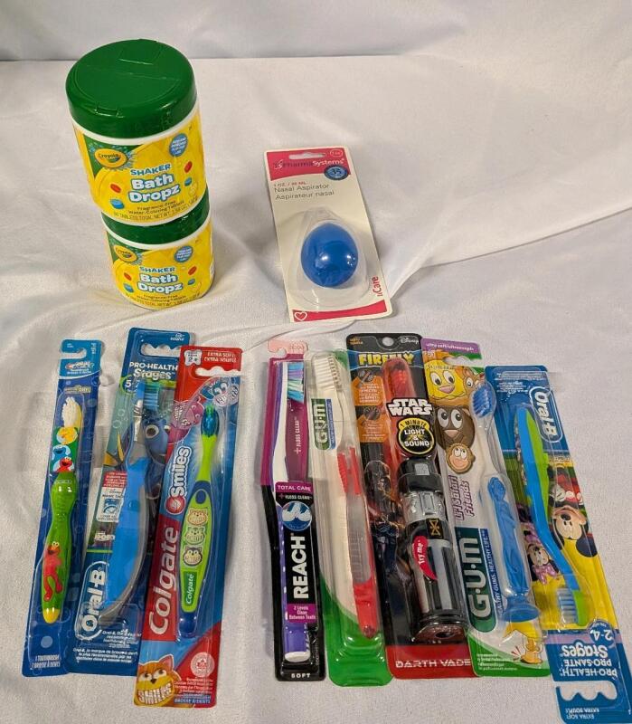Kids Hygiene lot. 8 Toothbrushs, 1 Nasal Aspirator, 2 Tubs Crayola Shaker Bath Drops.