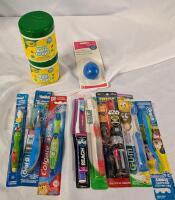 Kids Hygiene lot. 8 Toothbrushs, 1 Nasal Aspirator, 2 Tubs Crayola Shaker Bath Drops.