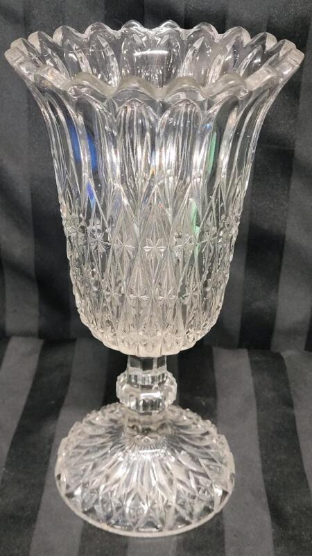 Vintage Crystal Hurricane Style Vase . Measures 10 &frac14;" tall . No chips or cracks