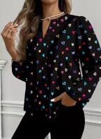 New Size XL Elegant Women's Blouse Button-Front Shirt with Non-Stretch Fabric Black with Pink & Brown Hearts Long Sleeve Chic Machine Washable 95% Polyester 5% Elastane Stock photos added