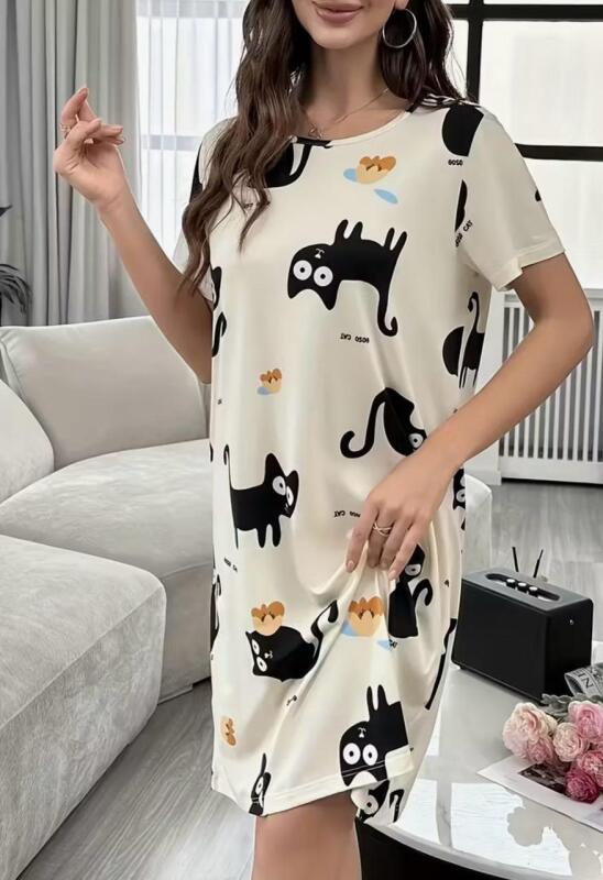 New Size Large Women's Cute Black Cats Elegant Sleep Dress - Light Beige Lounge Nightgown Soft Everyday Pajamas for Women, All-Season Comfortable Loungewear Cat Lovers Machine Wash 95% Polyester 5% Elastane stock photos added